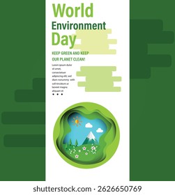 World environment day concept. 3d paper cut eco friendly design. Green earth , Renewable energy for ecology and environment conservation concept paper art design. Vector illustration