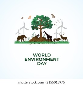 Concepto del Día Mundial del Medio Ambiente. concepto de animales en el bosque. Plantilla para fondo, banner, tarjeta, afiche. ilustración vectorial.