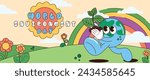 World Environment day concept background vector. Save the earth, globe, plant, tree, flower groovy style. Eco friendly illustration design for web, banner, campaign, social media post.
