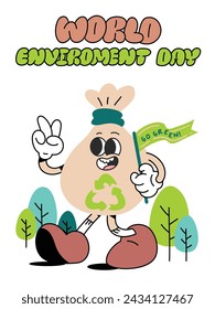 Vector de fondo del concepto del Día Mundial del Medio Ambiente. Salva la tierra, recicla el símbolo, la bolsa de basura, el árbol groovy estilo. Diseño de ilustración ecológico para web, banner, campaña, publicación en redes sociales.