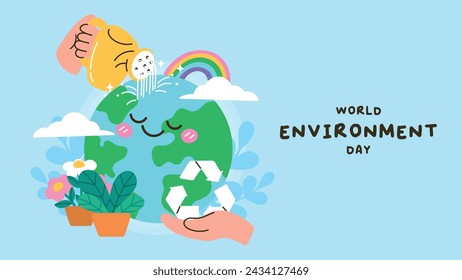 World Environment day concept background vector. Save the earth, globe, recycle symbol, watering can. Eco friendly illustration design for web, banner, campaign, social media post.