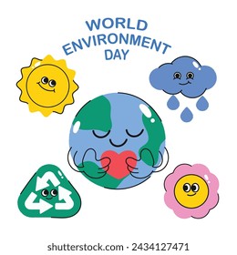 World Environment day concept background vector. Save the earth, globe, recycle symbol, sun, flower, cloud. Eco friendly illustration design for web, banner, campaign, social media post.