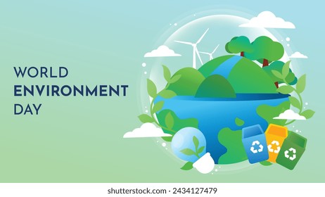 Vector de fondo del concepto del Día Mundial del Medio Ambiente. Salva la tierra, el globo, la papelera de reciclaje, el árbol, el molino de viento. Diseño de ilustración ecológico para web, banner, campaña, publicación en redes sociales.