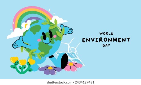 World Environment day concept background vector. Save the earth, globe, rainbow, windmill, flower. Eco friendly illustration design for web, banner, campaign, social media post.
