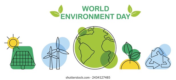 World Environment day concept background vector. Save the earth, globe, recycle symbol, windmill, solar cell. Eco friendly illustration design for web, banner, campaign, social media post.