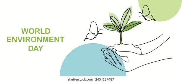Vector de fondo del concepto del Día Mundial del Medio Ambiente. Salvar la tierra, la planta del árbol, la mariposa con la textura de la acuarela. Diseño de ilustración ecológico para web, banner, campaña, publicación en redes sociales.