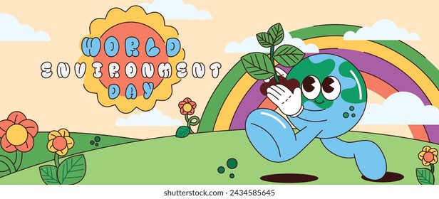 World Environment day concept background vector. Save the earth, globe, plant, tree, flower groovy style. Eco friendly illustration design for web, banner, campaign, social media post.