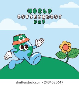 World Environment day concept background vector. Save the earth, globe, recycle symbol, flower groovy style. Eco friendly illustration design for web, banner, campaign, social media post.