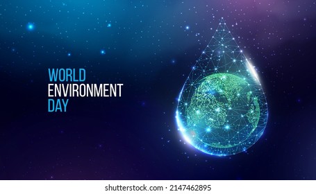 World environment day concept. Banner with planet Earth in wireframe polygonal water drop. Futuristic modern abstract background. Vector illustration.