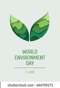 World Environment day concept banner. 3d paper cut eco friendly background. Vector illustration.  Paper carving layer green leaves shapes with shadow