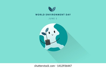 World Environment Day concept. Cute world character. The world holds tree. Minimal green poster vector design. eps10