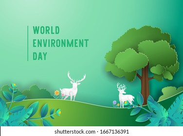 World Environment day concept with Deer in forest,Paper art style.