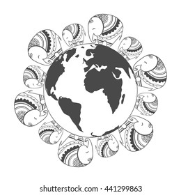 World environment day. Concept design for banner,  print, poster, greeting card. Vector illustration. Elephant Protection Day. Save, Protect the planet African elephants, the elephants of India. 