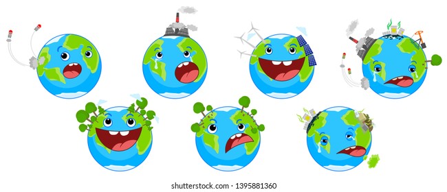 Weltumwelttag-Konzept . Welttag der Erde. Cartoon des Zeichensatzes der Erde.  Sick Earth, gesunde Erde.Vektorgrafik. 