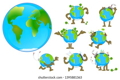 World Environment day concept . World Earth day. Cartoon of Earth character set.  Sick Earth, healthy Earth.vector illustration. 