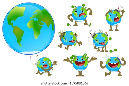 World Environment day concept . World Earth day. Cartoon of Earth character set.  Sick Earth, healthy Earth.vector illustration. 