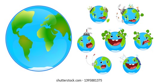 World Environment day concept . World Earth day. Cartoon of Earth character set.  Sick Earth, healthy Earth.vector illustration. 