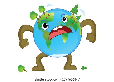 World Environment day concept . World Earth day. Cartoon of Earth character.  Deforestation on the planet Earth vector illustration. 