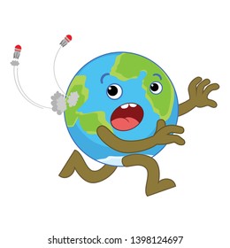 World Environment day concept . World Earth day. Cartoon of Earth character.  Rocket attack on Earth. Vector illustration. 