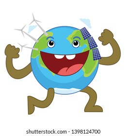 World Environment day concept . World Earth day. Cartoon of Earth character.  Solar panel and electric mill on Earth.vector illustration. 