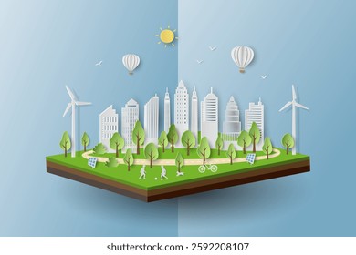 World environment day concept with eco city on isometric landscape,vector illustration