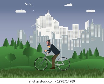 World environment day concept. energy concept with Green Eco Earth and Trees. With happy man riding bicycle. For encouraging awareness action for the protection of environment. Paper art style vector