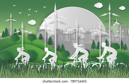 World environment day concept. energy concept with Green Eco Earth and Trees. With happy family riding bicycle. For encouraging awareness and action for the protection of environment. paper art style.