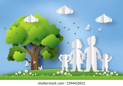 World Environment Day concept, family holding hands, paper art and craft style, flat-style vector illustration