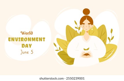 Conceito do Dia Mundial do Meio Ambiente com a menina segurando broto em suas mãos e folhas verdes no fundo. Ilustração vetorial em estilo de desenho animado plano. Perfeito para banner horizontal, site, cartaz, cartão etc