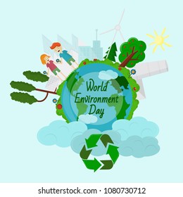 World environment day, Concept, green Eco Earth, vector illustration flat, grass, trees, ecology, symbol, world environment day map, design, print, continents, globe,