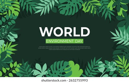 World environment day concept with green leaf frame poster design background