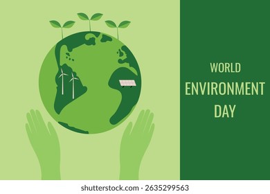 World Environment Day concept. Hands and earth. vector illustration.	