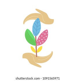 World environment day concept. Human hands holding abstract plant. Save nature. Eco friendly design. Banner, poster, invitation, card, brochure. Vector illustration, eps10