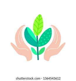 World environment day concept. Human hands holding abstract plant. Save nature. Eco friendly design. Banner, poster, invitation, card, brochure, label, print on clothes. Vector illustration, eps10