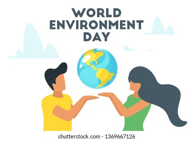 World environment day concept illustration with man and woman faceless silhouettes holding Earth. Vector design template.