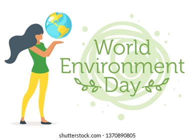 World environment day concept illustration with woman simple silhouette holding Earth. Vector design template.