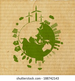 World Environment Day concept with illustration of urban city and rural town on mother earth globe on grungy brown background. 