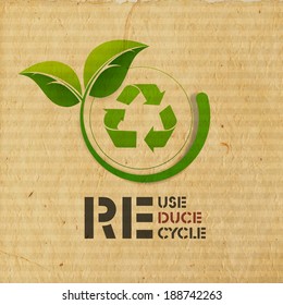 World Environment Day concept with illustration of recycle symbol and green leaves on grungy brown background. 