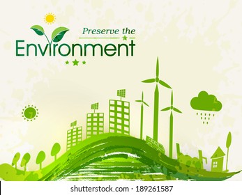 World Environment Day concept with illustration of beautiful green urban city and waves. 