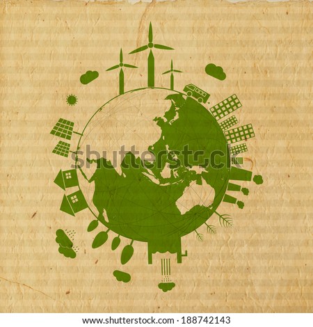 World Environment Day concept with illustration of urban city and rural town on mother earth globe on grungy brown background. 