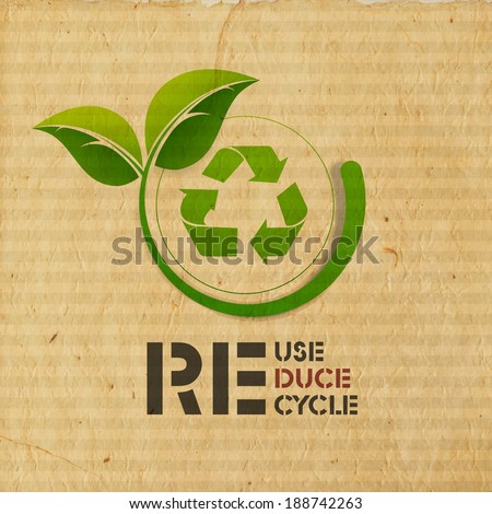 World Environment Day concept with illustration of recycle symbol and green leaves on grungy brown background. 