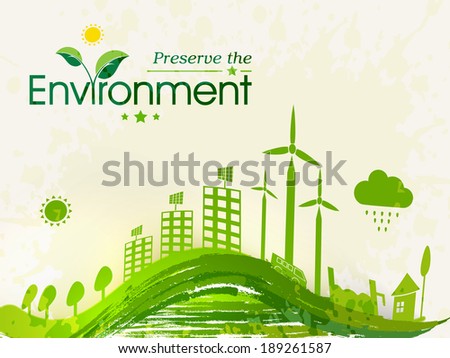 World Environment Day concept with illustration of beautiful green urban city and waves. 