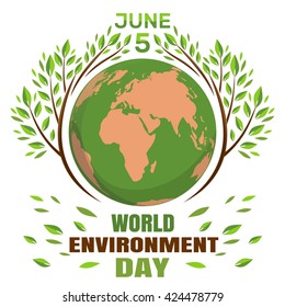World environment day concept. June 5th. Green Eco Earth. Planets and green leaves. Vector illustration
