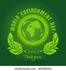 World environment day concept. June 5th. Green Eco Earth. Planets and green leaves. Poster with earth globe symbol, foliage and greeting inscription on a green background. Vector illustration