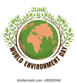 World environment day concept. June 5th. Green eco earth logo. Planets and green leaves. Vector illustration isolated on white background