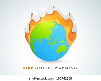 World Environment Day concept with mother earth globe in fire with text Stop Global Warning on grey background. 