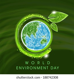 World Environment Day concept with mother earth globe and shiny leaves on green background. 