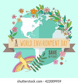 World environment day concept with mother earth globe and green leaves and flowers on mint background. With an inscription Save the Planet, 5 June. Vector Illustration.