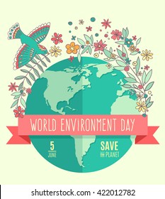 World environment day concept with mother earth globe and green leaves and flowers on beige background. With an inscription Save the Planet, 5 June. Vector Illustration.