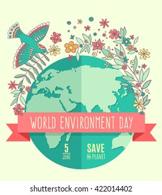 World environment day concept with mother earth globe and green leaves and flowers on beige background. With an inscription Save the Planet, 5 June. Vector Illustration.